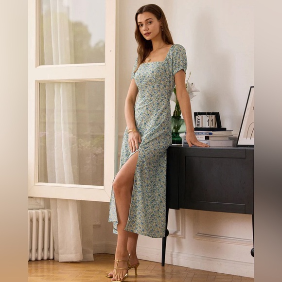 NWT RIHOAS The Square Neck Floral Slit Maxi Dress - Picture 3 of 6